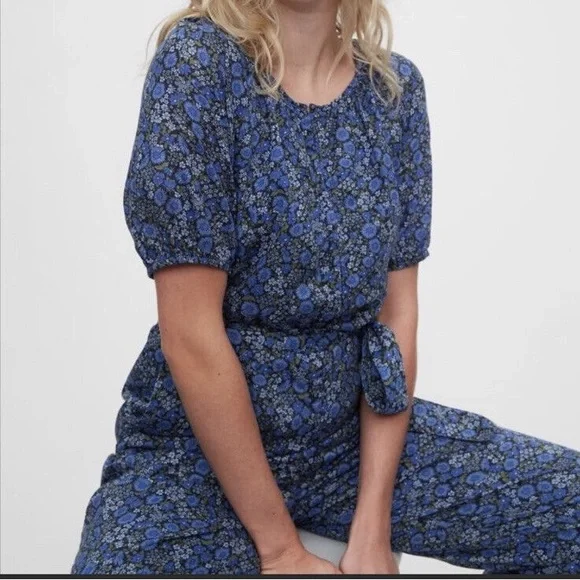 GAP Short Sleeve Raglan Summer Jumpsuit Blue Floral size 12 - Picture 10 of 10